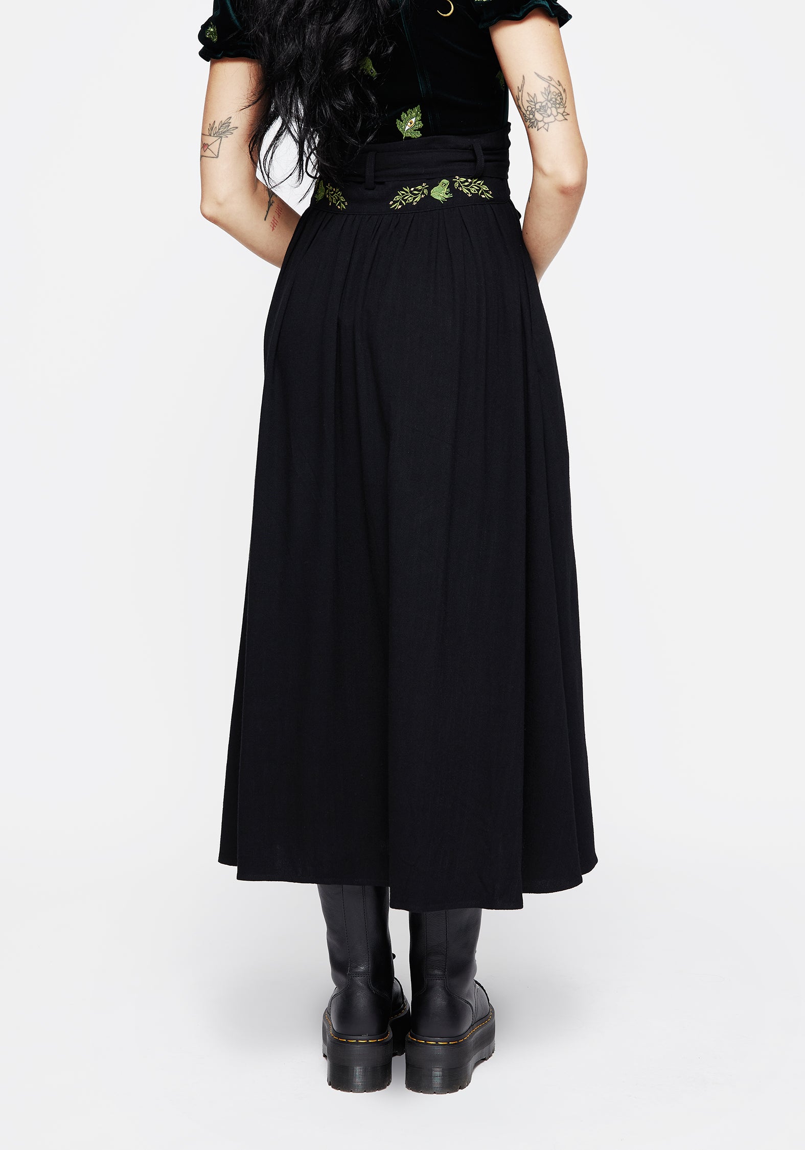 Swamplife Frog Embroidered Linen Blend High Waist Midaxi Skirt - Image 3