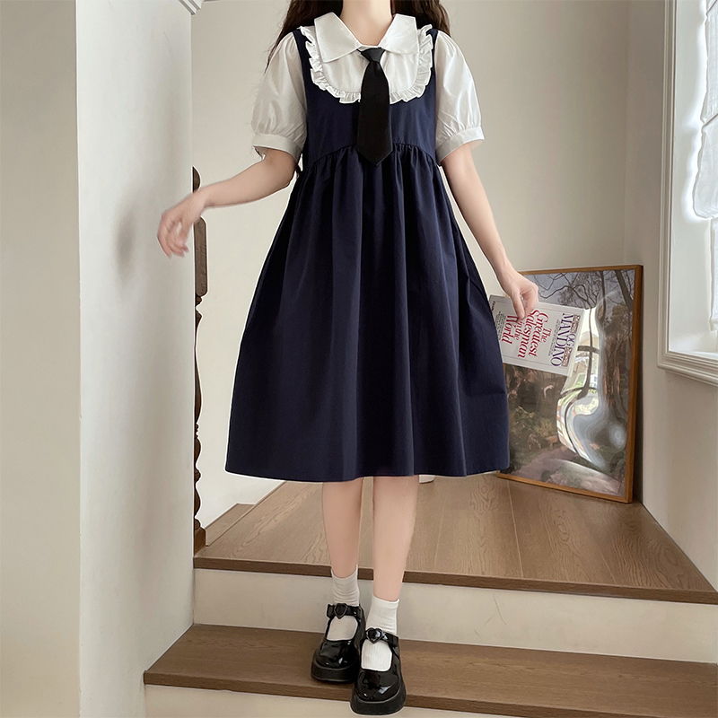 Preppy Style Illusion Two-Piece Dress for Teen Students Long Sleeve Sweet Age-Reducing First Love Dress