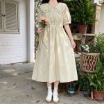 Sweet Doll Collar Dress for Teen Girls Summer New School Style Waist Cinched Long Skirt