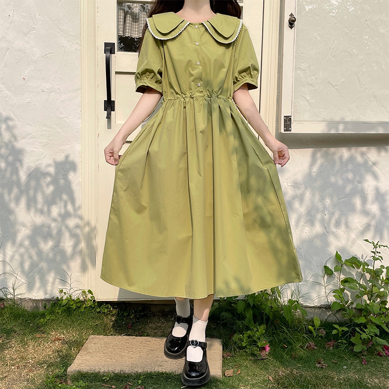 Sweet Doll Collar Dress for Teen Girls Summer New School Style Waist Cinched Long Skirt - Image 3