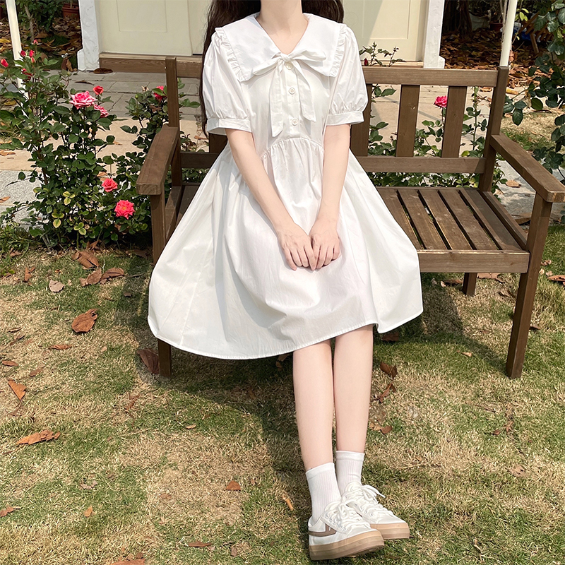 Sweet Doll Collar Bow Tie Dress for Petite Women Short Sleeve Loose Slimming New Summer Dress - Image 3