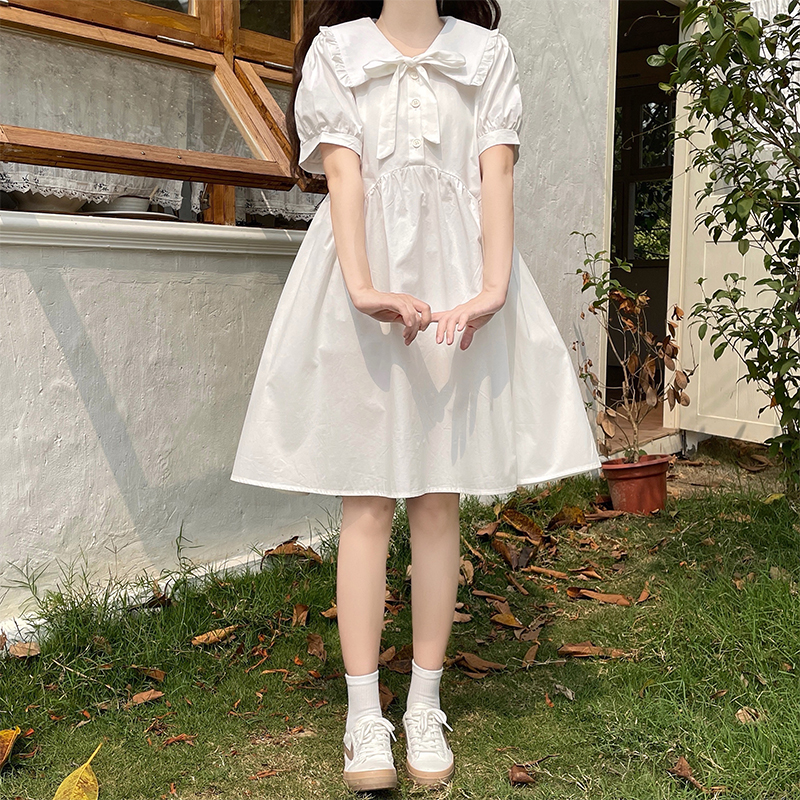 Sweet Doll Collar Bow Tie Dress for Petite Women Short Sleeve Loose Slimming New Summer Dress - Image 2