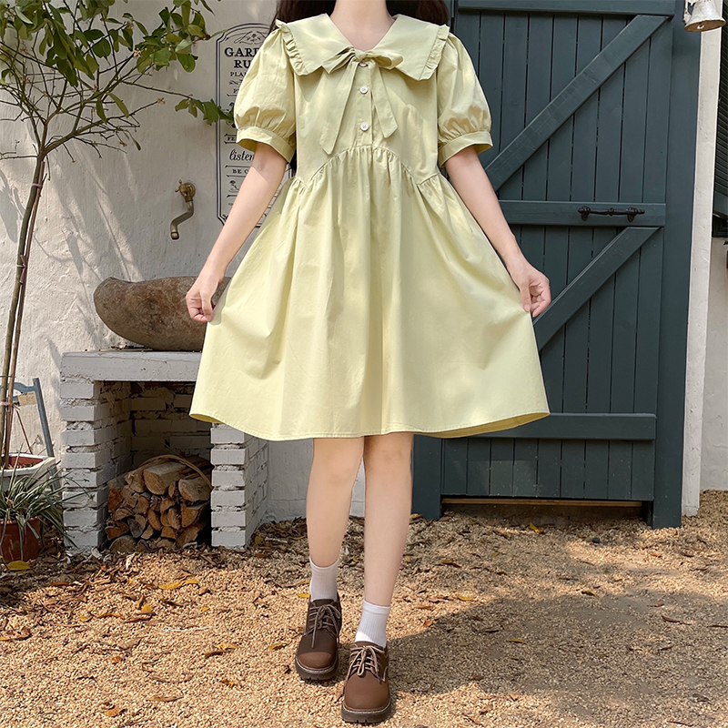 Sweet Doll Collar Bow Tie Dress for Petite Women Short Sleeve Loose Slimming New Summer Dress