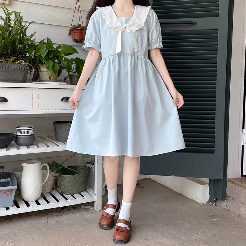 Japanese Sweet Cute Academy Style Bow Lace Sailor Collar Short Sleeve Dress for Women Summer