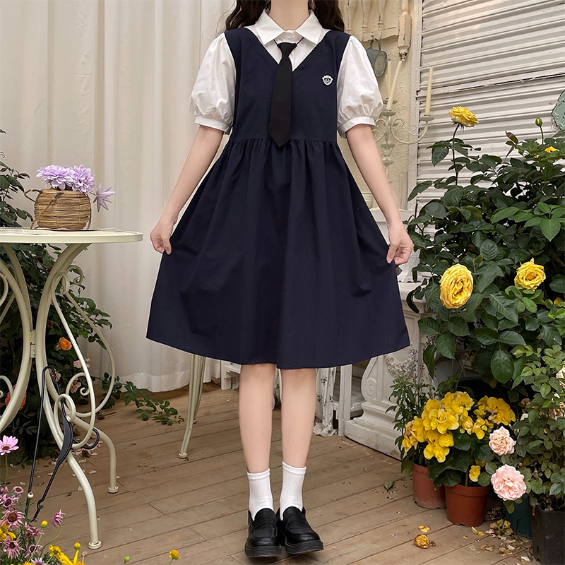JK Style Shirt Collar A-Line Dress with Bow and Puff Sleeves