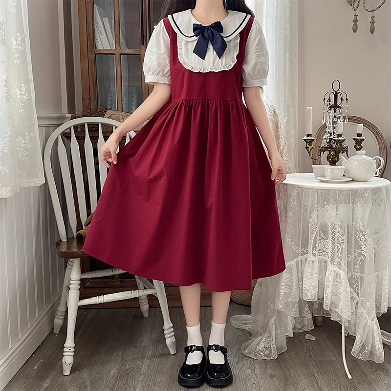 Japanese Sweet Bow Doll Collar Lace Faux Two Piece Dress for Petite Women Summer New