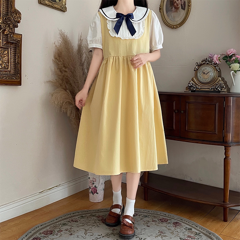 Japanese Sweet Bow Doll Collar Lace Faux Two Piece Dress for Petite Women Summer New - Image 2