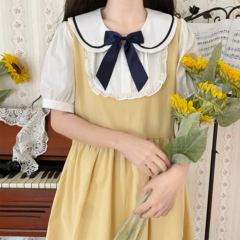 Japanese Sweet Bow Doll Collar Lace Faux Two Piece Dress for Petite Women Summer New - Image 3