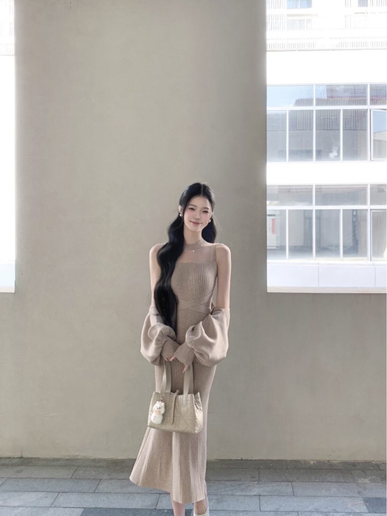 Ginza Muse Japanese Style Tie-Front Knit Dress Two-Piece Set