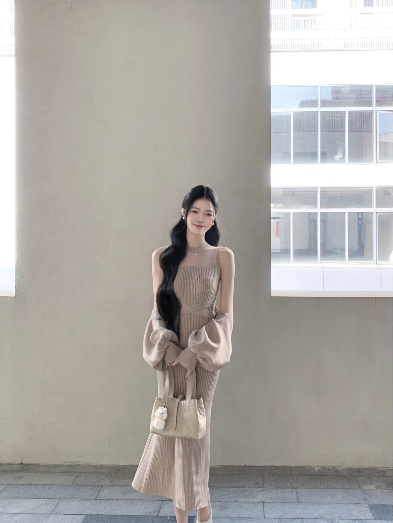 Ginza Muse Japanese Style Tie-Front Knit Dress Two-Piece Set