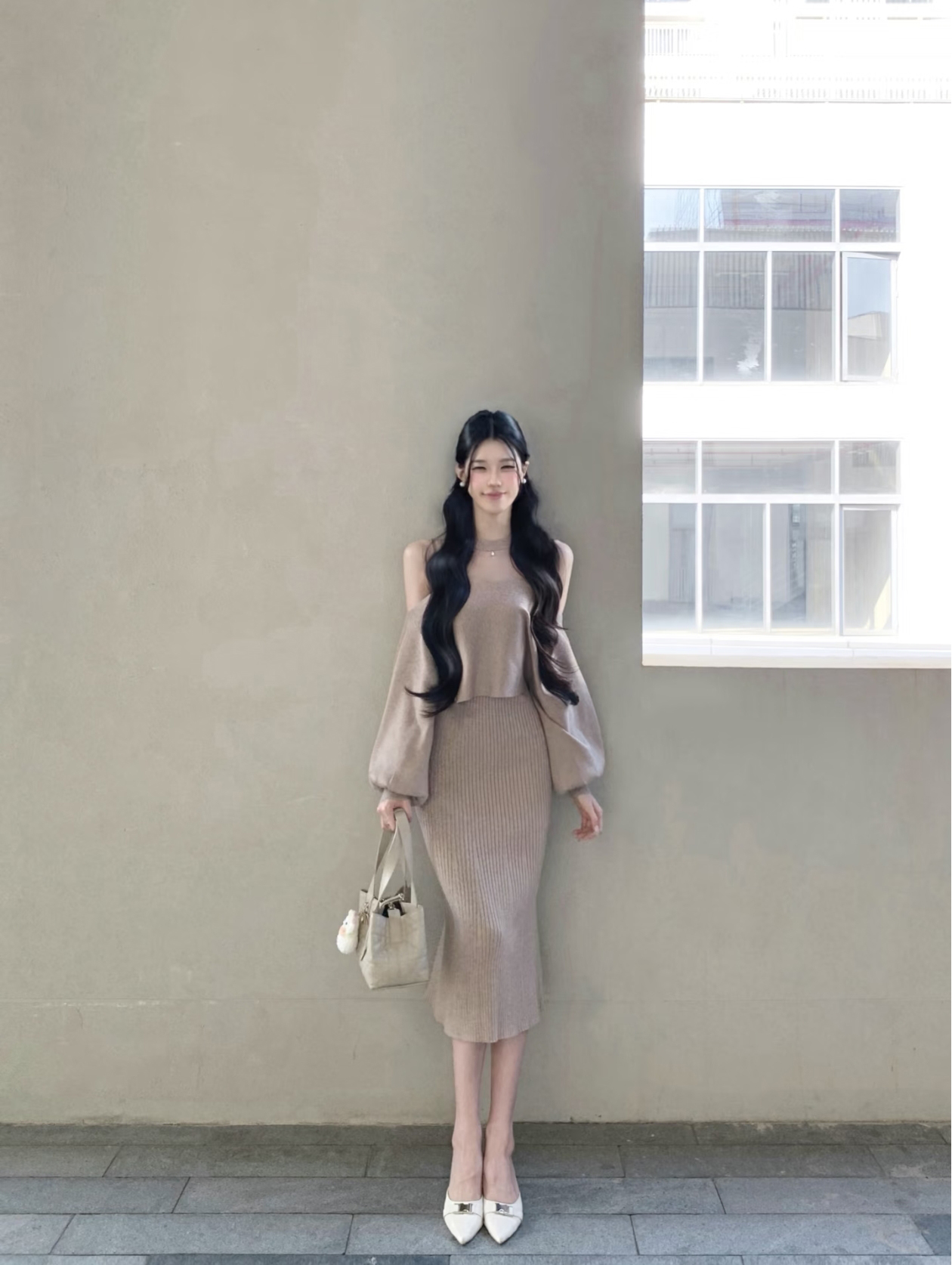 Ginza Muse Japanese Style Tie-Front Knit Dress Two-Piece Set - Image 3