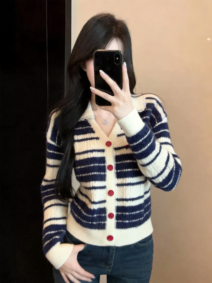 Women's Cable Knit Striped Color Block Cardigan Sweater - Style b371d2 - Image 2