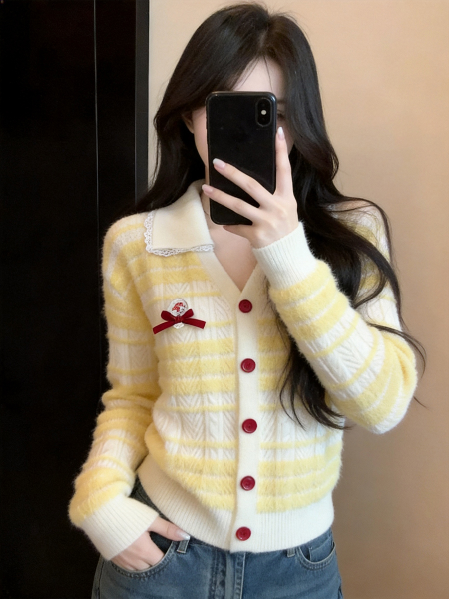 Women's Cable Knit Striped Color Block Cardigan Sweater - Style b371d2