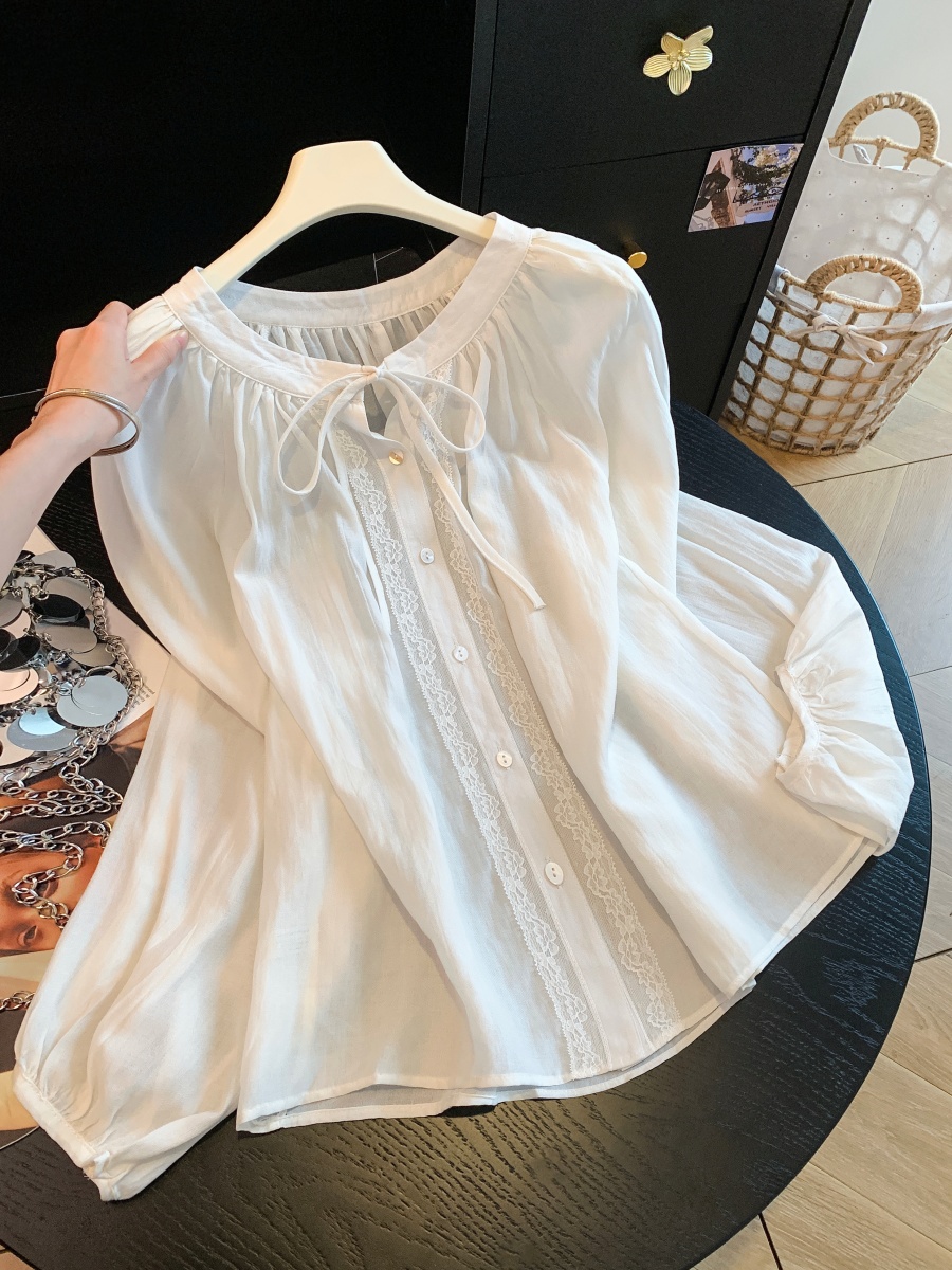 Korean Style Lace Trim Tie V-Neck Long Sleeve Shirt for Women - Image 2