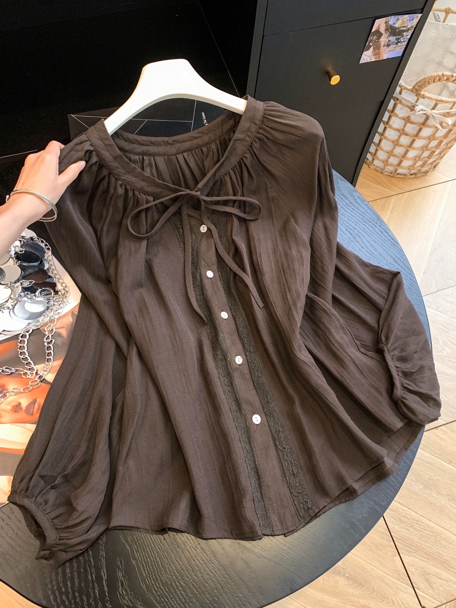 Korean Style Lace Trim Tie V-Neck Long Sleeve Shirt for Women