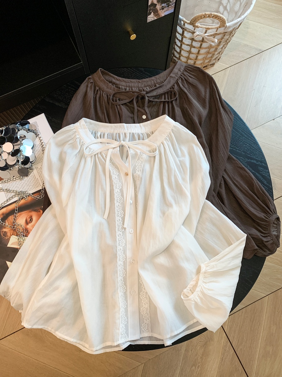 Korean Style Lace Trim Tie V-Neck Long Sleeve Shirt for Women - Image 3