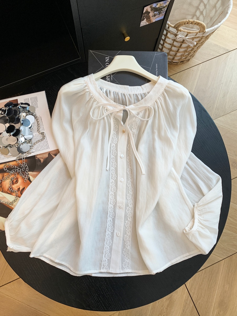 Korean Style Lace Trim Tie V-Neck Long Sleeve Shirt for Women - Image 4