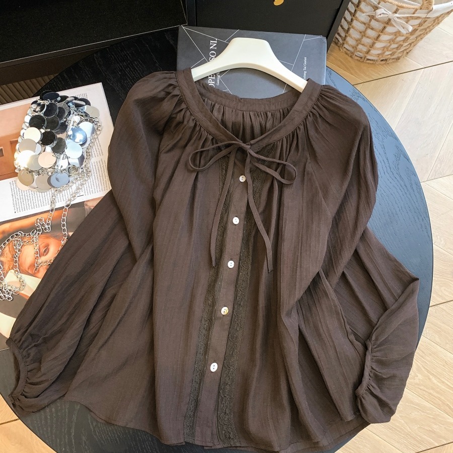 Korean Style Lace Trim Tie V-Neck Long Sleeve Shirt for Women - Image 5