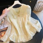 French Style Bow Tie V-Neck Long Sleeve Ruffle Hem Blouse for Women