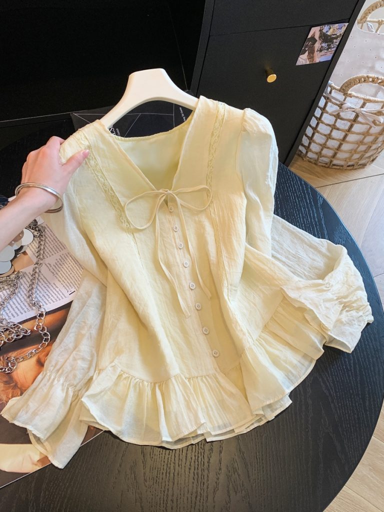 French Style Bow Tie V-Neck Long Sleeve Ruffle Hem Blouse for Women