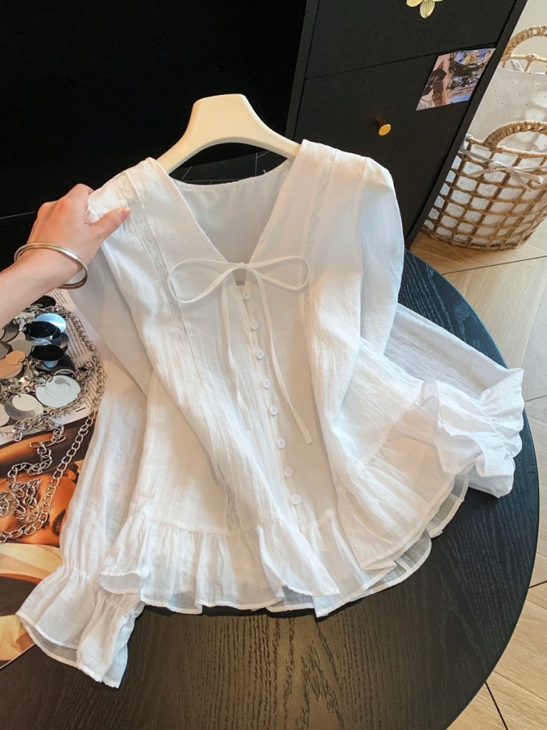 French Style Bow Tie V-Neck Long Sleeve Blouse for Women - Style b61d9d