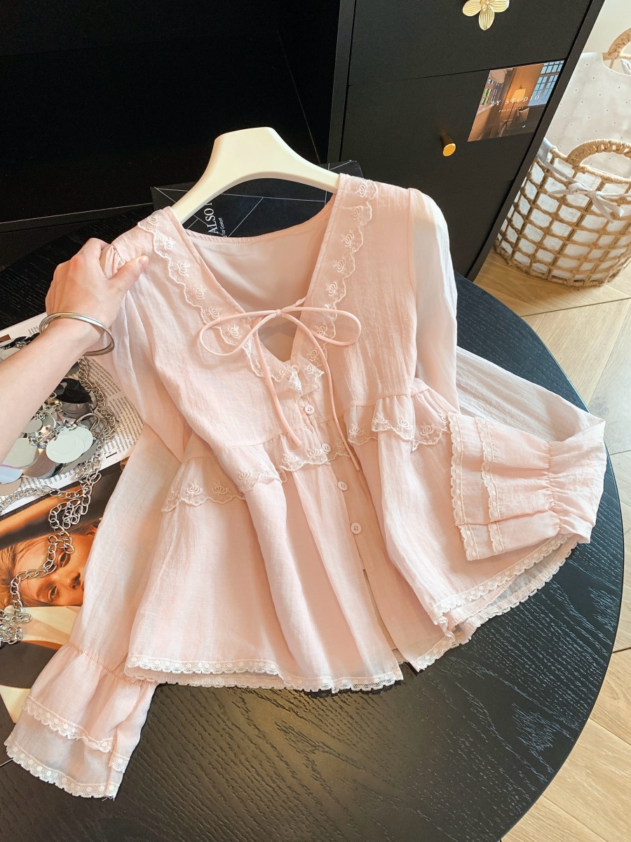 French Lace Trim Long Sleeve Shirt Women Sweet Korean Style Top