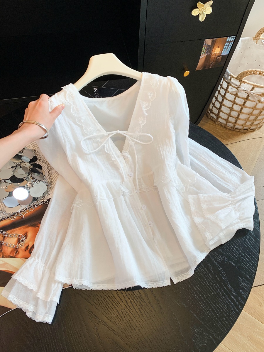French Lace Trim Long Sleeve Shirt Women Sweet Korean Style Top - Image 2