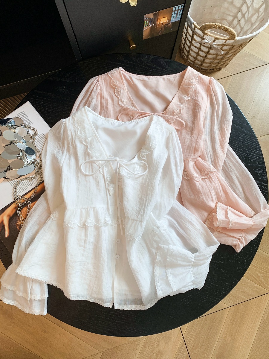 French Lace Trim Long Sleeve Shirt Women Sweet Korean Style Top - Image 3