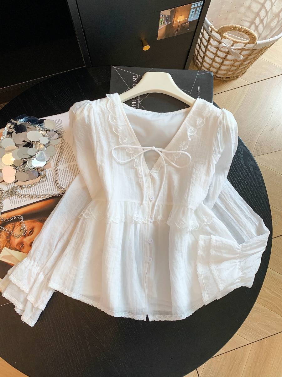French Lace Trim Long Sleeve Shirt Women Sweet Korean Style Top - Image 4