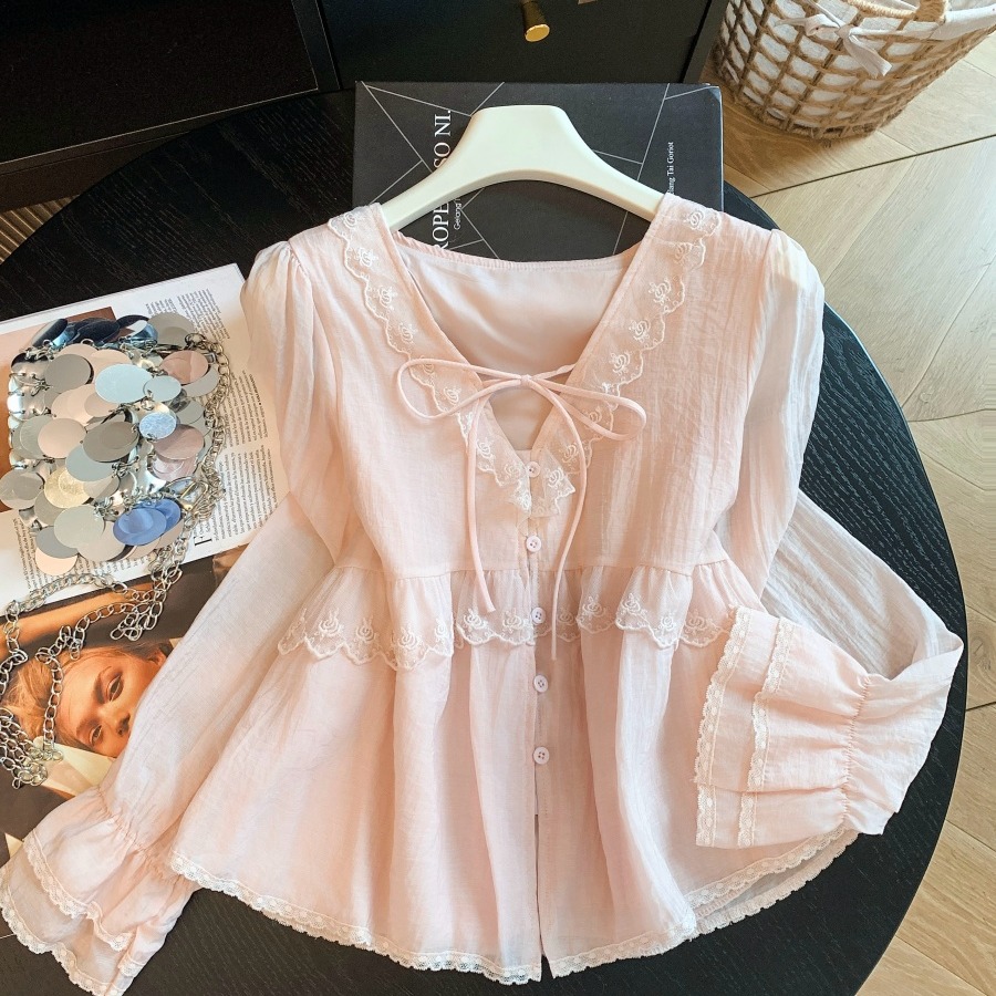 French Lace Trim Long Sleeve Shirt Women Sweet Korean Style Top - Image 5