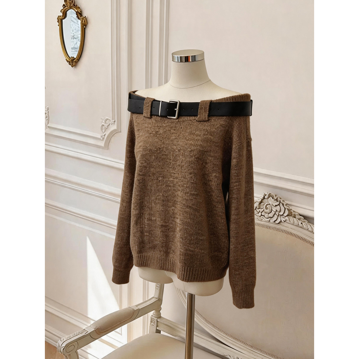 Women's Off-Shoulder Loose Knit Sweater with Belt Solid Color - Style b89abd - Image 5