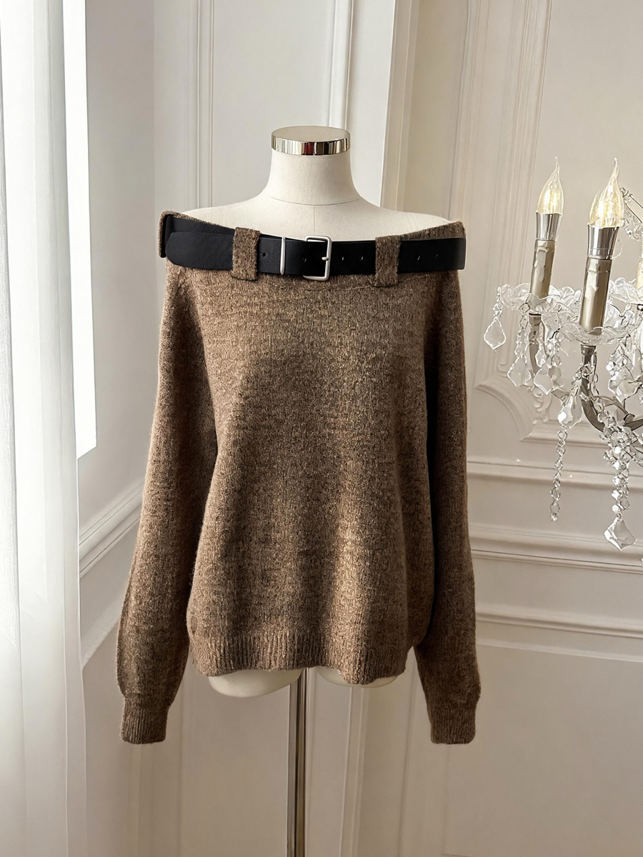 Women's Off-Shoulder Loose Knit Sweater with Belt Solid Color - Style b89abd - Image 2