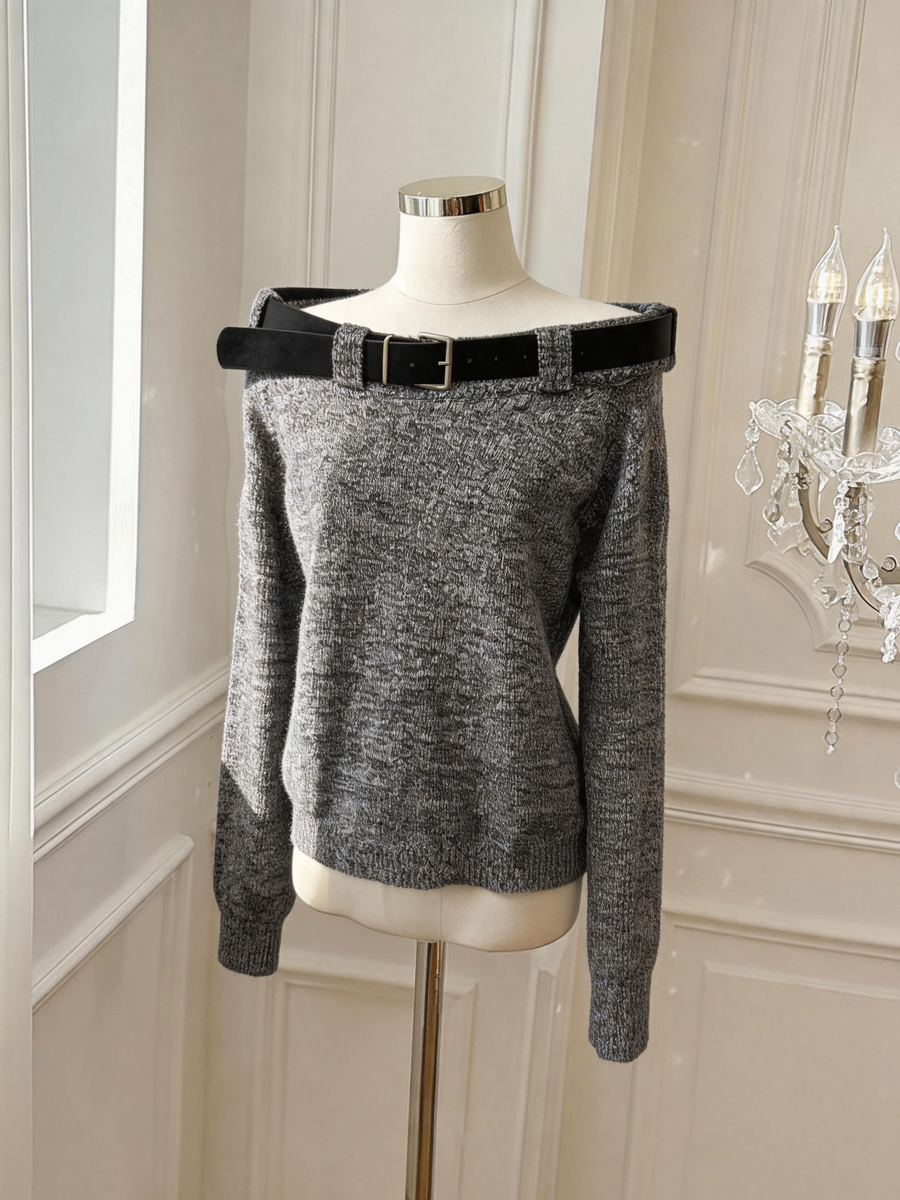 Women's Off-Shoulder Loose Knit Sweater with Belt Solid Color - Style b89abd - Image 3