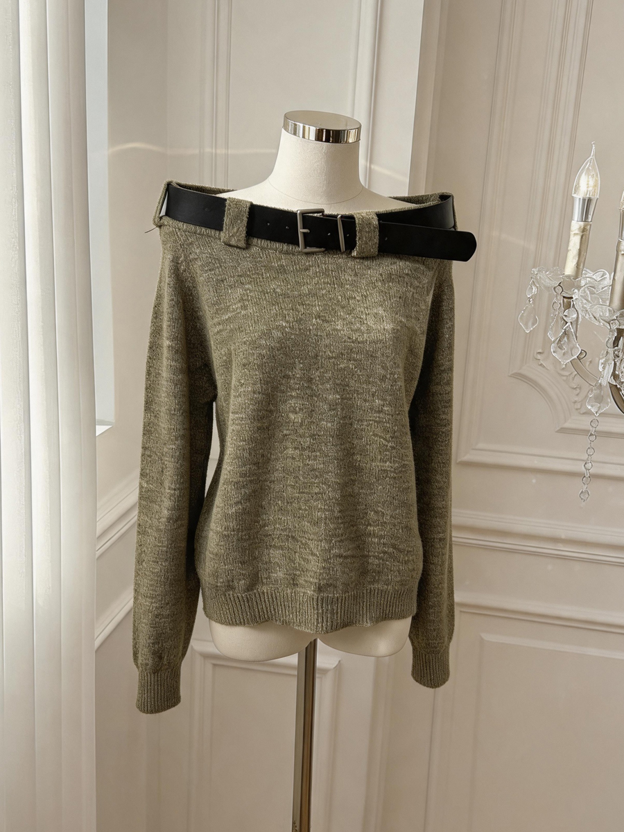 Women's Off-Shoulder Loose Knit Sweater with Belt Solid Color - Style b89abd - Image 4