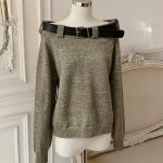 Women's Off-Shoulder Loose Knit Sweater with Belt Solid Color - Style b89abd