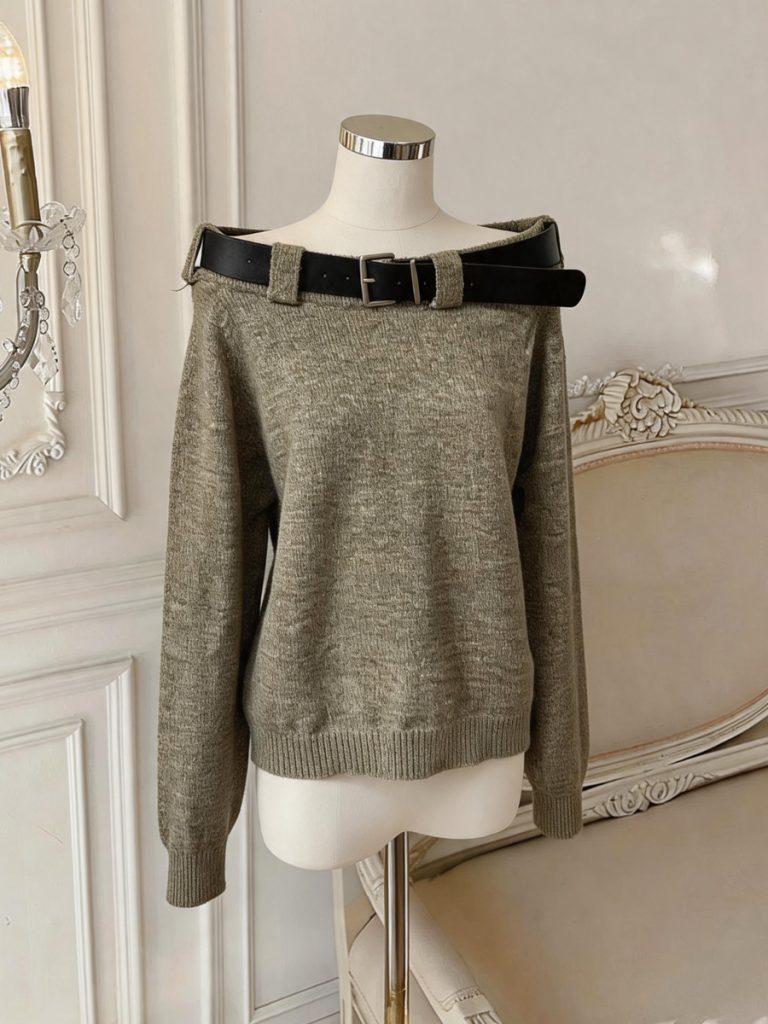 Women's Off-Shoulder Loose Knit Sweater with Belt Solid Color - Style b89abd