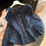 Women's Lace-Up Lace Spliced Shirt Korean Lantern Sleeve Cotton Linen Blouse Loose Hollow Out Lace Cardigan Top