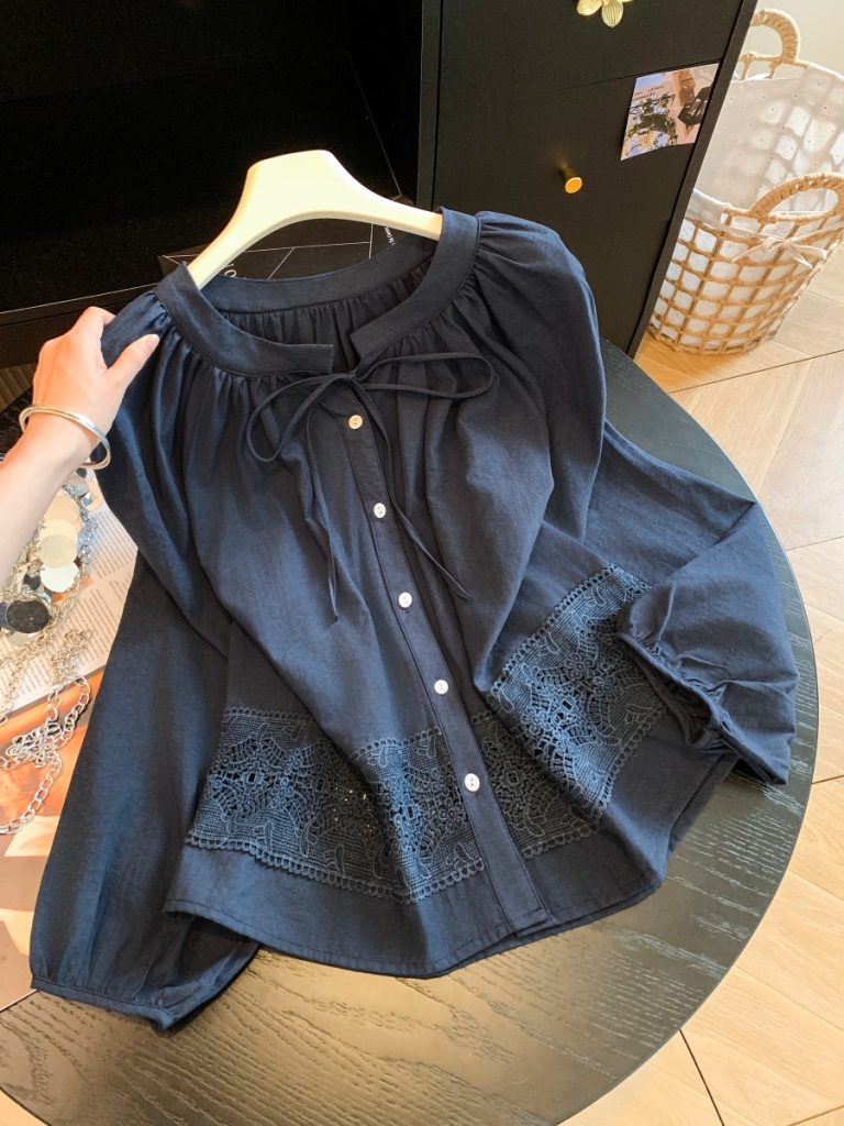 Women's Lace-Up Lace Spliced Shirt Korean Lantern Sleeve Cotton Linen Blouse Loose Hollow Out Lace Cardigan Top