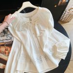 Women's Lace-Up Lace Spliced Shirt Korean Lantern Sleeve Cotton Linen Blouse