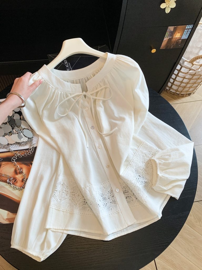 Women's Lace-Up Lace Spliced Shirt Korean Lantern Sleeve Cotton Linen Blouse
