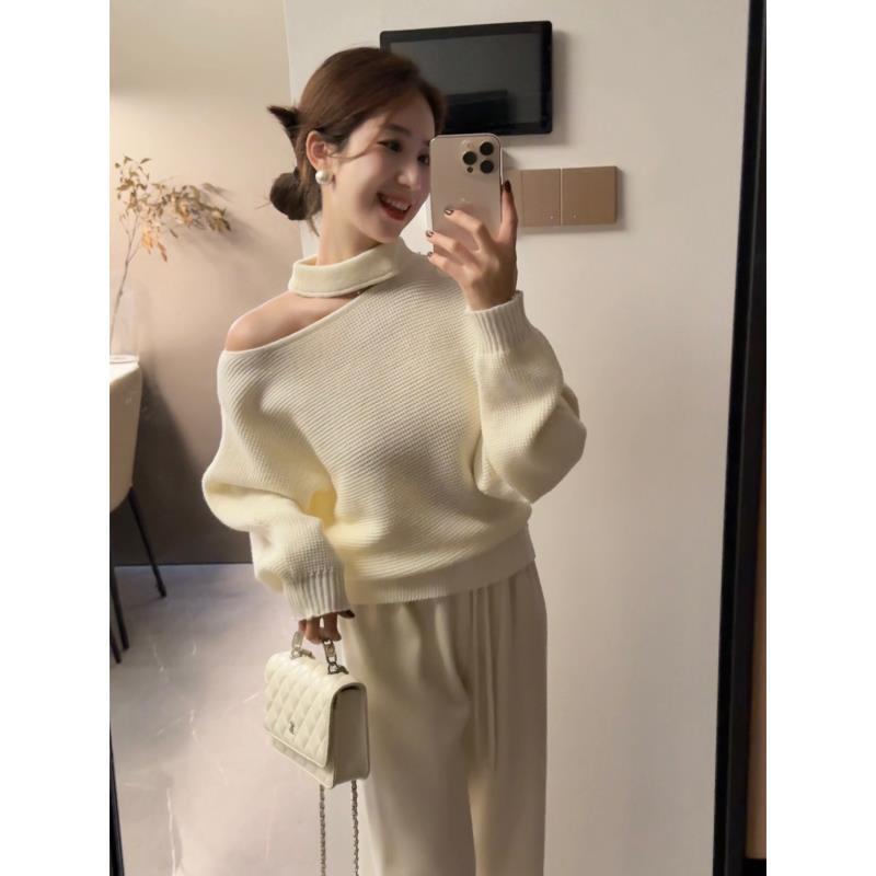 Women's French Style Off-Shoulder Halter Knit Top Fall Winter Base Layer - Image 5