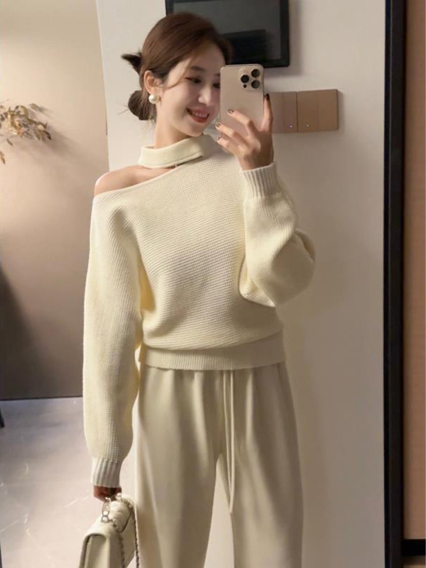 Women's French Style Off-Shoulder Halter Knit Top Fall Winter Base Layer