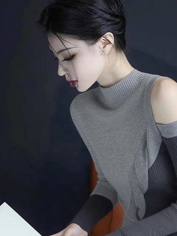 Khaki Half Turtleneck Asymmetric Off-Shoulder Long Sleeve T-Shirt for Women Early Autumn Light Mature Niche Fall Winter - Style 6f6e7d - Image 3