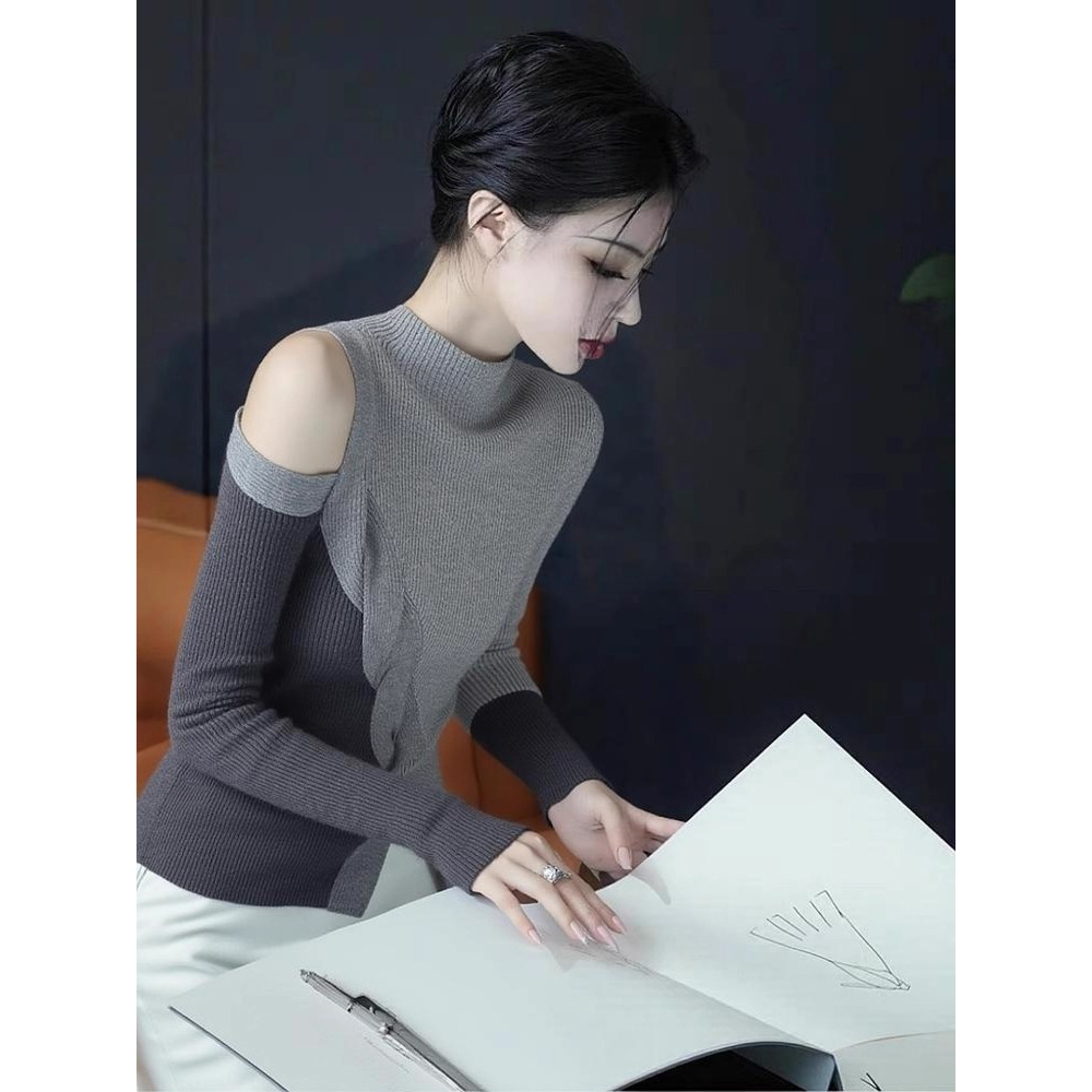 Khaki Half Turtleneck Asymmetric Off-Shoulder Long Sleeve T-Shirt for Women Early Autumn Light Mature Niche Fall Winter - Style 6f6e7d - Image 5