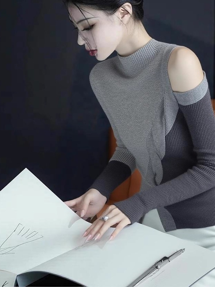 Khaki Half Turtleneck Asymmetric Off-Shoulder Long Sleeve T-Shirt for Women Early Autumn Light Mature Niche Fall Winter - Style 6f6e7d - Image 2