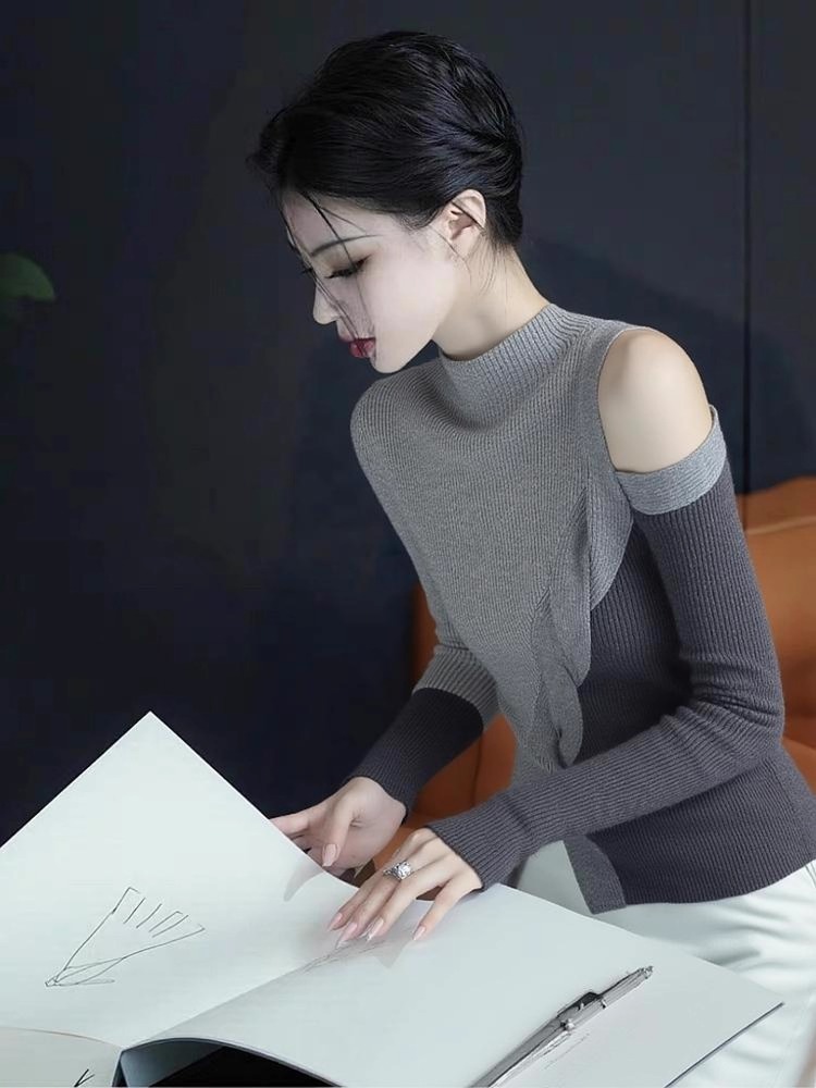 Khaki Half Turtleneck Asymmetric Off-Shoulder Long Sleeve T-Shirt for Women Early Autumn Light Mature Niche Fall Winter - Style 6f6e7d - Image 4