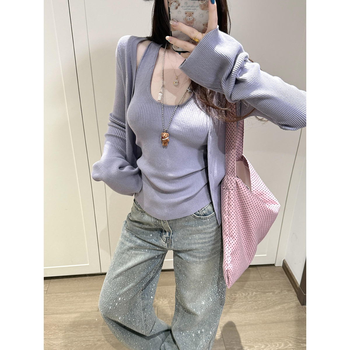 Women's 2-Piece Knit Cardigan Set Purple Long Sleeve Halter Vest Fall - Image 5