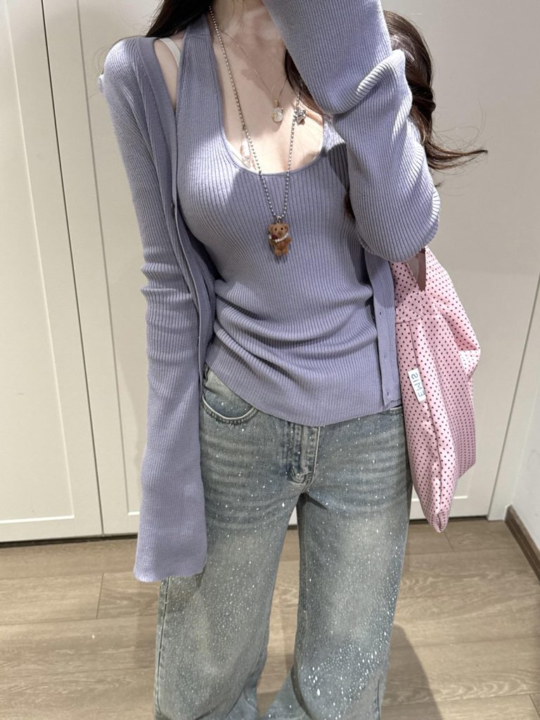 Women's 2-Piece Knit Cardigan Set Purple Long Sleeve Halter Vest Fall