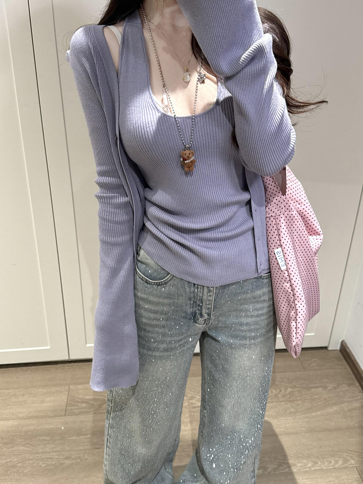 Women's 2-Piece Knit Cardigan Set Purple Long Sleeve Halter Vest Fall