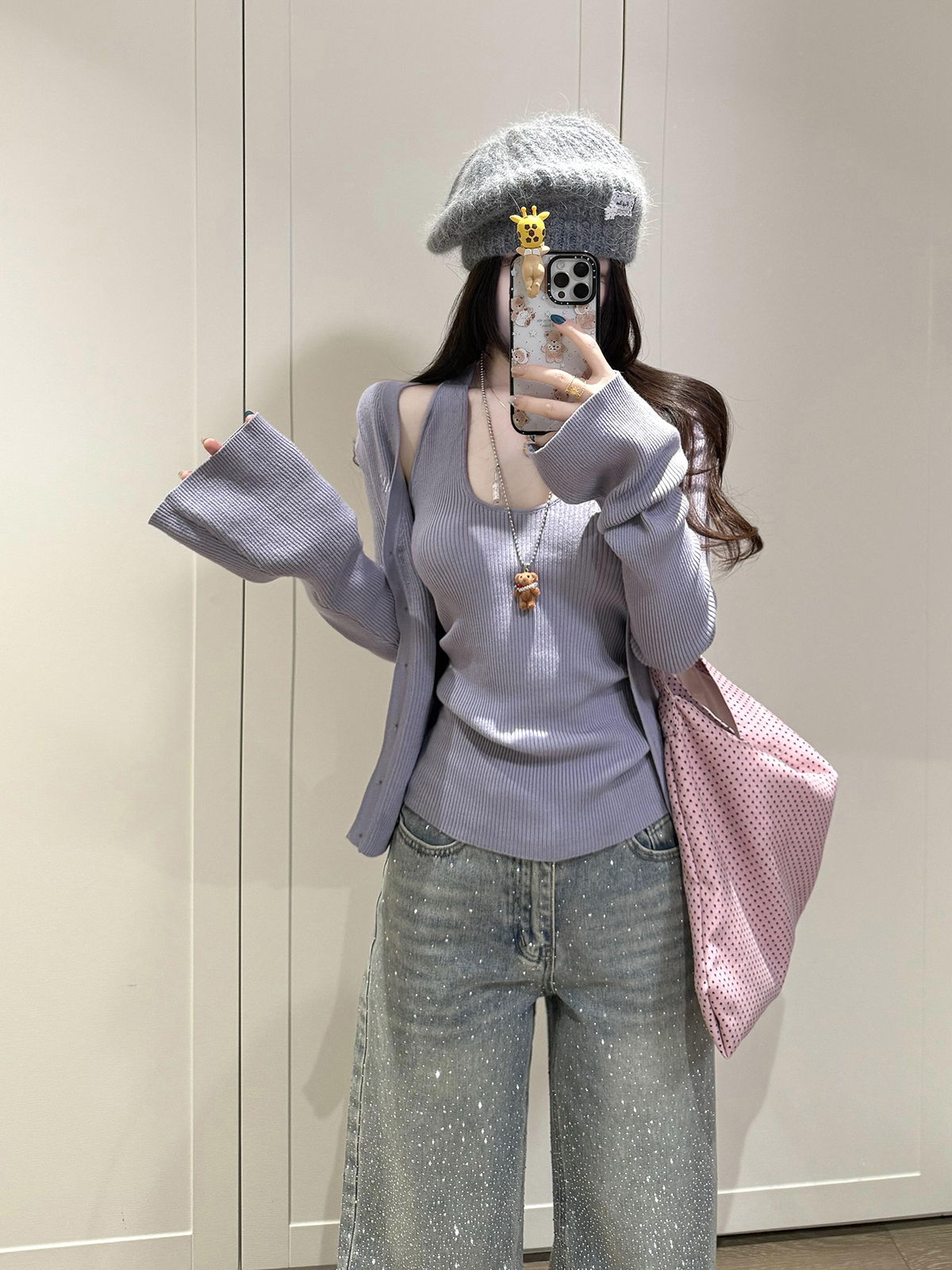 Women's 2-Piece Knit Cardigan Set Purple Long Sleeve Halter Vest Fall - Image 2